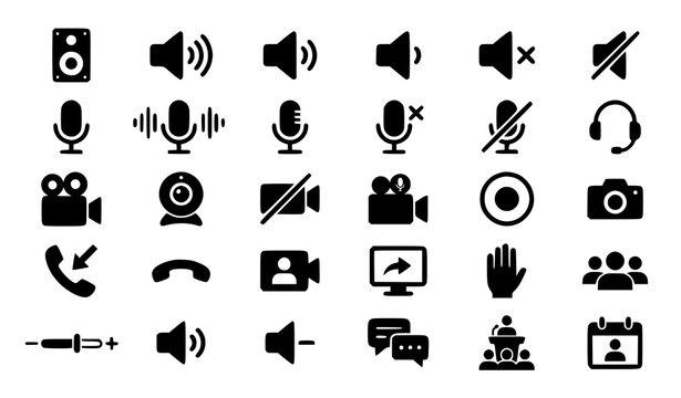 Speaker Mic and Video Camera Glyph Icons Vector Collection for Webinar and Video Chat