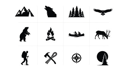 Obraz premium Minimalist black silhouette icons showcase wilderness adventure elements with hiking wildlife