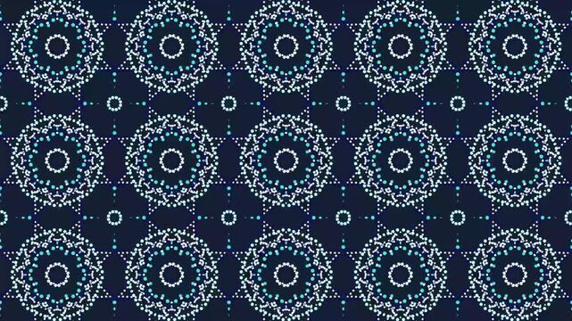 Abstract kaleidoscopic mandala pattern animation, glowing geometric particle structures, seamless loop of changing vibrant colors and intricate symmetric shapes, futuristic digital background.