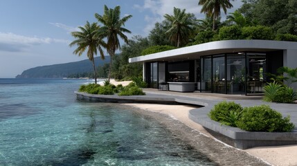 Fototapeta premium World-class beach delivery system shows AI restaurants and drones at a tropical lagoon during sunrise