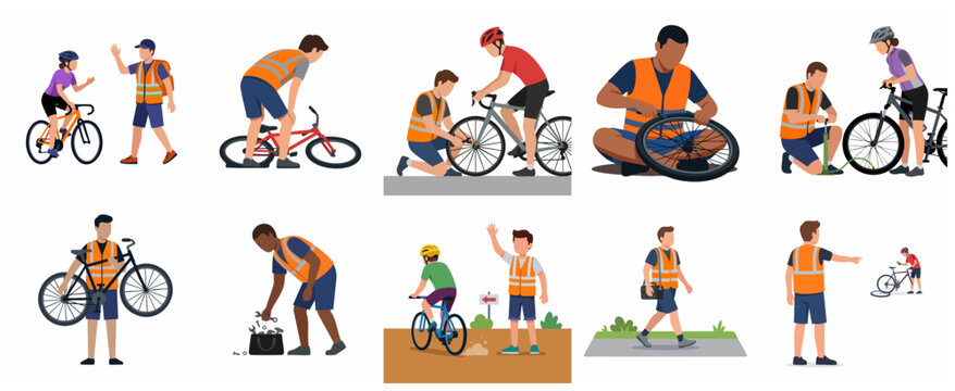 Bicycle repair and maintenance service set featuring flat vector illustrations of mechanics and cyclists with tools and pumps