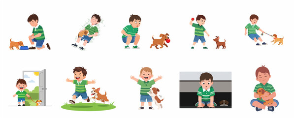Vector Illustration Set of a Little Boy Playing and Caring for His Pet Puppy Dog © Charitty