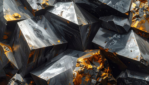 Closeup of Black and Gold Crystals with Reflective Surfaces