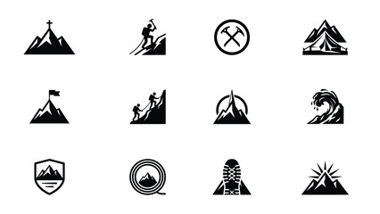 Modern flat vector icons showcasing adventurous mountain climbing camping and exploration themes with symbolic elements © Tuli