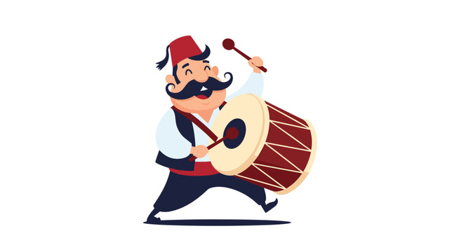 Happy traditional drummer character wearing a red fez and playing a large davul drum for cultural celebration and musical performance.