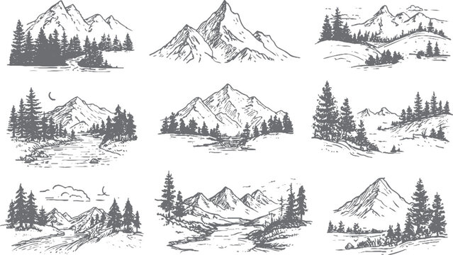 Vintage Snowy Hills with Abstract Dotted Mountain Range and Pointillist Grunge Halftone Winter Landscape Vector Illustration