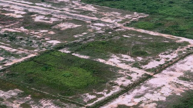 Drone footage showing cleared plots and remaining vegetation during oil palm land clearing.