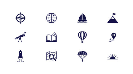 Modern flat icons depicting exploration and discovery adventures across diverse global themes © Tuli