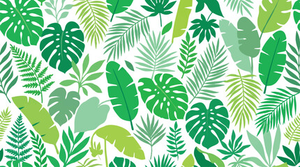 Naklejka premium tropical leaves vector background featuring monstera, palm leaves, banana leaves, fern foliage