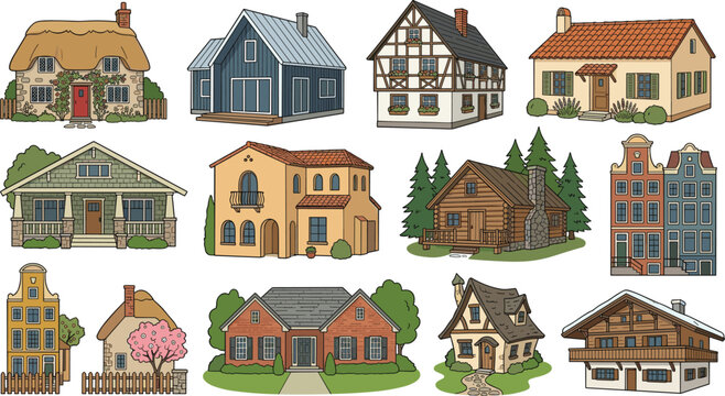 Diverse Architecture House Icons Vector Set Featuring European Half Timbered Cottage Traditional Log Cabin Modern Villa and Dutch Townhouses