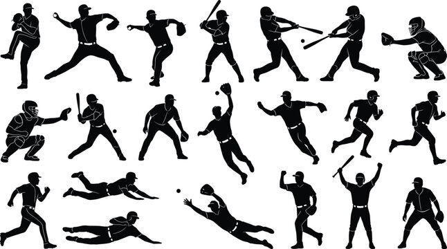 Baseball Player Athlete Silhouette Vector Icon Set Featuring Dynamic Hitting Swings Pitching Throws Catcher Poses and Running Actions for Sports Graphic Designs