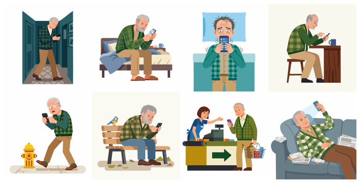 Senior man suffering from smartphone addiction and digital distraction in various daily life situations