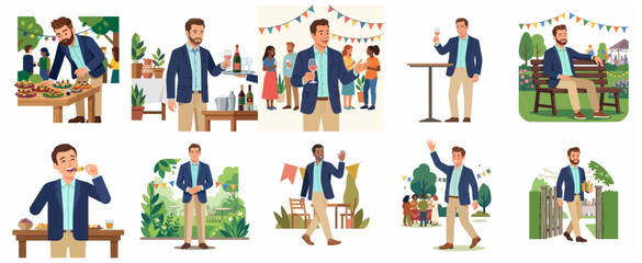 Fototapeta premium Collection of Man at Social Events and Garden Parties Illustration Set