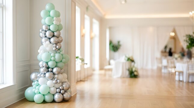 Pastel green and silver balloon column decoration for wedding events