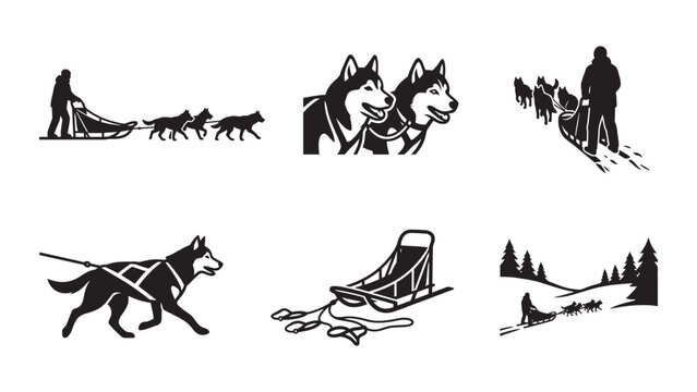 Collection of black and white dog sledding and husky icons.