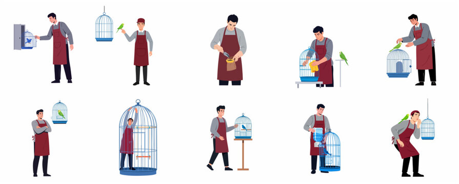 Vector illustration set of a pet shop worker or bird keeper caring for budgies and parrots in cages