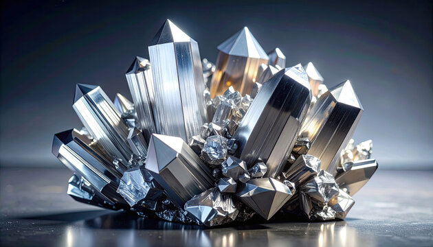 Shiny Metallic Crystal Cluster with Sharp Edges and Reflective Surfaces