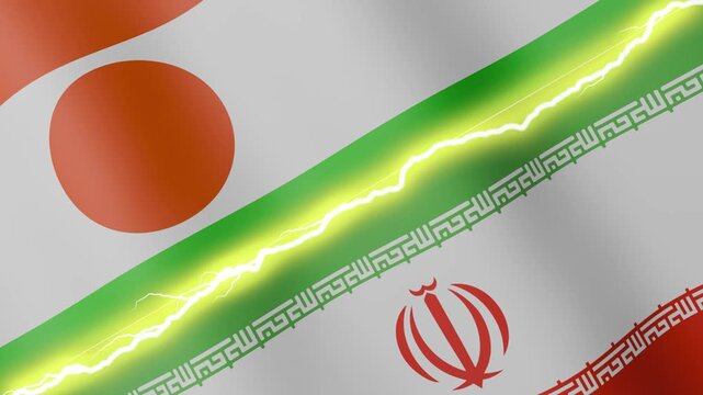 Two waving flags Niger and Iran with diagonal lightning seamless, 4k loop