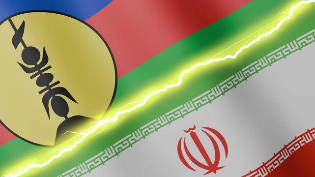Two waving flags New Caledonia and Iran with diagonal lightning seamless, 4k loop