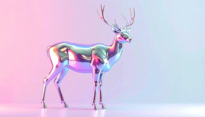 Obraz premium Iridescent Metallic Deer Standing on Pastel Studio Background