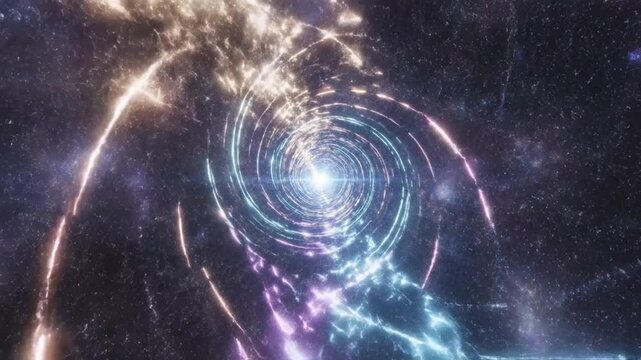 Abstract vector vortex animation with swirling cosmic energy lines and particles connecting in deep space against a black background for science fiction motion graphics.