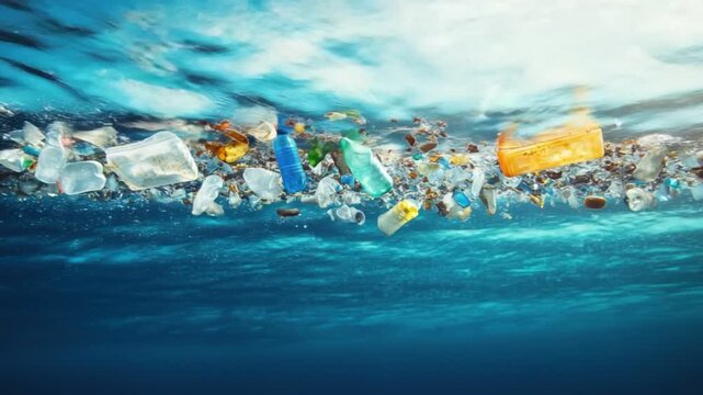 Ocean Pollution Crisis: A stark underwater view of the ocean surface reveals a devastating accumulation of plastic waste, bottles, and debris, highlighting the urgent environmental threat.