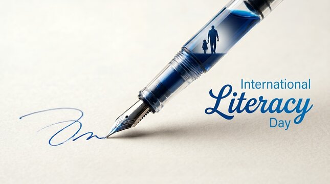 International Literacy Day concept with fountain pen and family silhouette