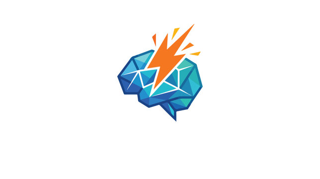 Abstract polygonal blue human brain illustration with a striking orange lightning bolt symbol.