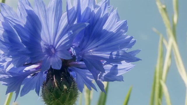 Blue cornflower blowing in the wind macro close up background stock footage