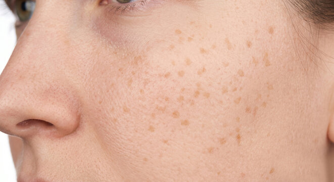 Freckle (Ephelis) - multiple small light brown macules on fair human skin, flat and non-palpable - Macule in Human Skin &mdash; Medical Dermatology Plate (5-100) 