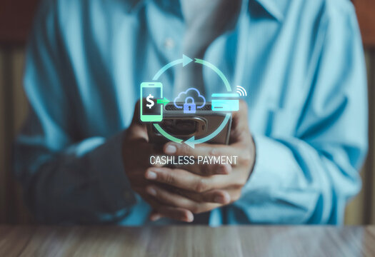 Cashless payment and digital transaction concept person using smartphone with secure cloud computing mobile banking credit card and money transfer virtual hologram