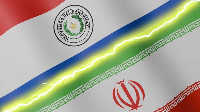 Two waving flags Paraguay and Iran with diagonal lightning seamless, 4k loop