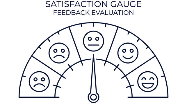 Satisfaction gauge feedback evaluation meter with smiley face rating icons.