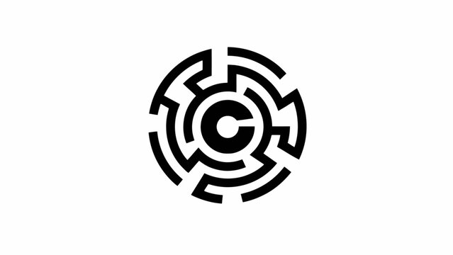 Black circular maze labyrinth logo icon on white