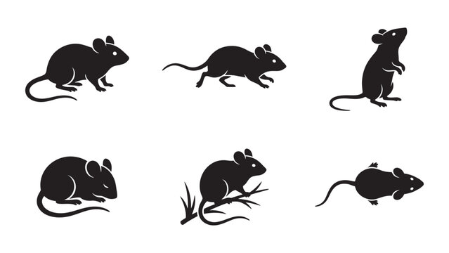 Set of silhouettes of mice in different poses.