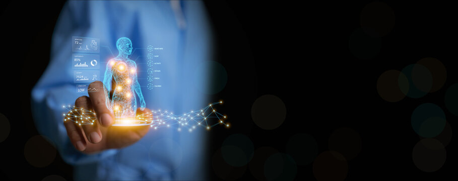 Digital health concept featuring virtual human body with AI powered patient monitoring, health analytics, biometric tracking, connected healthcare technology for preventive care, and digital medicine