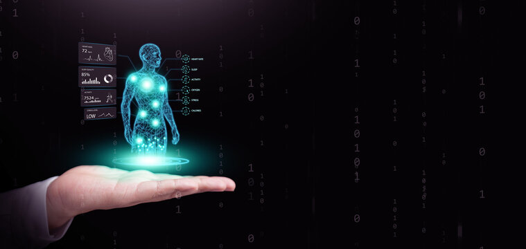 AI digital twin healthcare concept. Doctor hand with virtual human model with biometric monitoring, patient analytics, wearable health data, intelligent medical technology for personalized care.