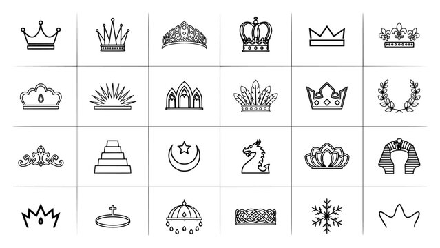 Crowns Displayed in a 6x4 Grid with Various Designs and Styles Featuring Crown, Royal, Design with Illustration and Vector