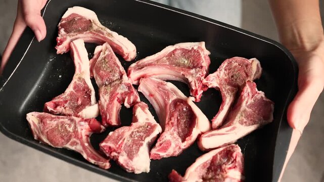 Premium lamb bone rack raw meat culinary production system prepared for barbecue oven cooking and professional food industry use.