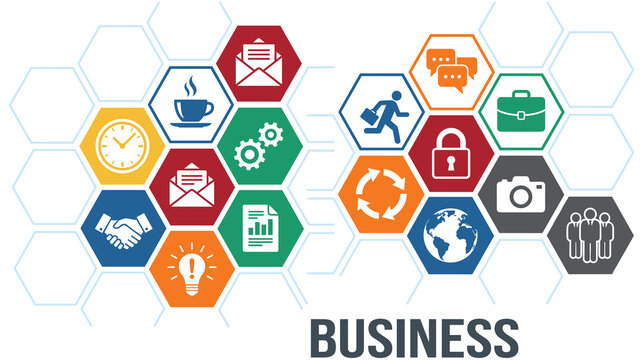 Business office icons in honeycomb pattern with professional finance symbols.