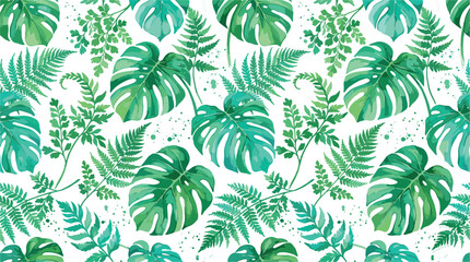 Watercolor tropical green leaves seamless pattern vector illustration featuring monstera fern and jungle foliage background for textile wallpaper fabric design © MdArif