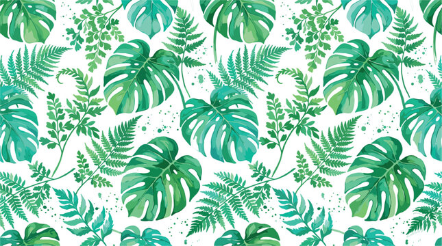 Watercolor tropical green leaves seamless pattern vector illustration featuring monstera fern and jungle foliage background for textile wallpaper fabric design