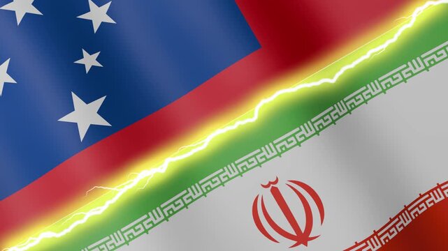 Two waving flags Samoa and Iran with diagonal lightning seamless, 4k loop