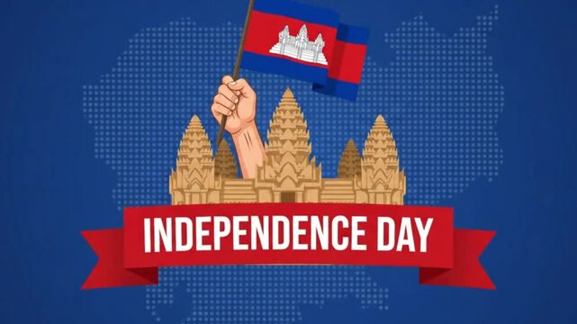 Hand holding cambodian flag in front of angkor wat temple