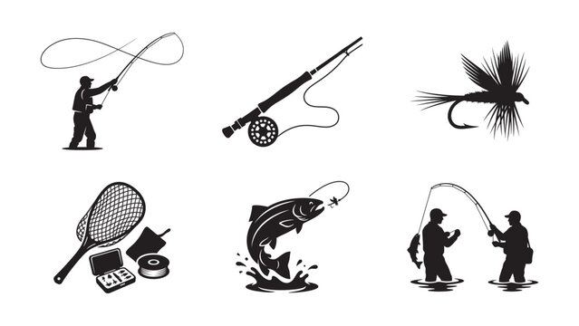 Set of monochrome fly fishing silhouettes and icons.