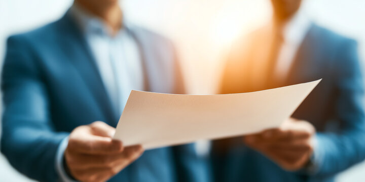 Two financial professionals review a retirement plan document together, one holding the paper steady while the other reads closely under soft natural office lighting concept setting.