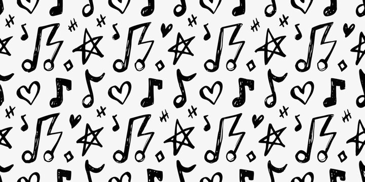 Musical notes hearts and stars seamless pattern on white background