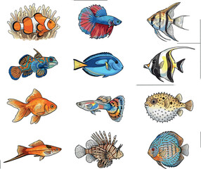 Tropical fish vector illustration set featuring colorful clownfish, betta, angelfish, goldfish, guppy, lionfish, and puffer fish isolated on a white background © MdArif