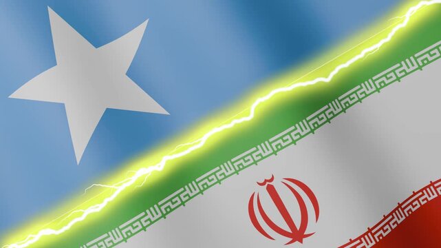 Two waving flags Solomon Islands and Iran with diagonal lightning seamless, 4k loop