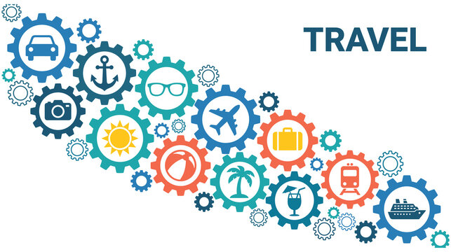 Travel gear icons inside interlocking mechanism of colorful industrial gears.